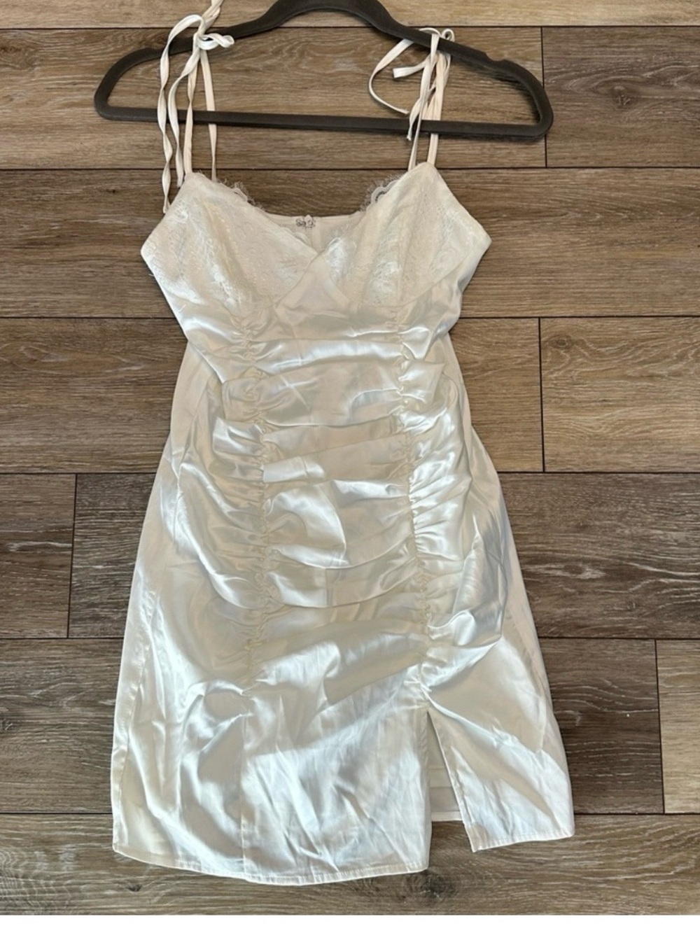 Superdown Revolve White Satin Mini Dress With Lace Trim Ruched Bodycon